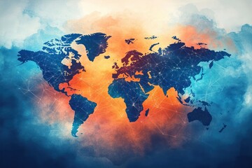 Digital world map with connected network points over a blue and orange smoky background symbolizing global communication and connectivity