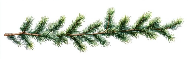 Obraz premium Detailed illustration of a green pine branch with needle-like leaves arranged along a brown stem on a white background