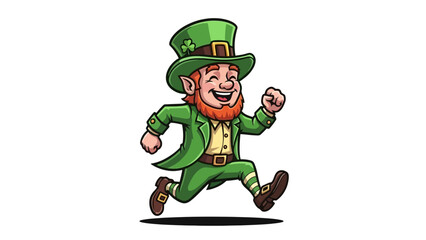 Cartoon leprechaun in a green suit and hat running with a happy expression.