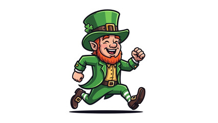 Cartoon leprechaun running with a smile on a white background.