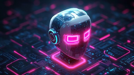 Futuristic robotic head with glowing neon pink eyes and circuits embedded in a high-tech digital motherboard environment