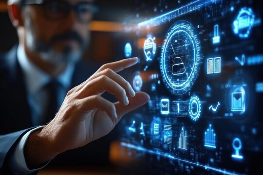 Businessman interacting with futuristic transparent digital interface displaying holographic icons and data visualizations in a dark modern office environment - Powered by Adobe