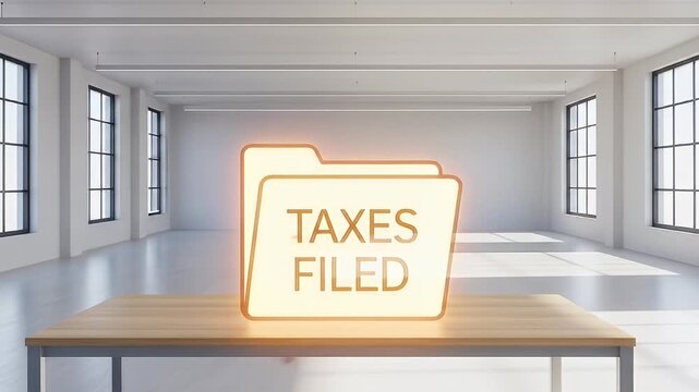 Brightly lit modern office space featuring a glowing folder labeled 'Taxes Filed' on a table
