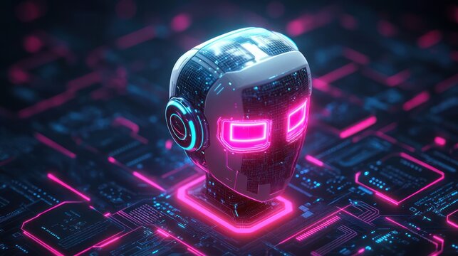 Futuristic robotic head with glowing neon pink eyes and circuits embedded in a high-tech digital motherboard environment - Powered by Adobe