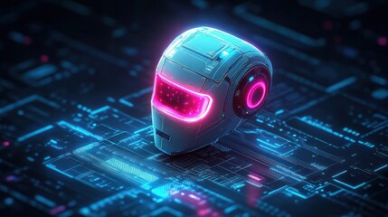 Futuristic robotic helmet with glowing neon pink visor and circuitry details resting on illuminated blue electronic circuit board