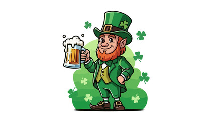 Cartoon illustration of a leprechaun holding a beer mug, surrounded by shamrocks, celebrating St. Patrick's Day.