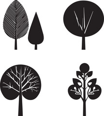 Four black Trees silhouettes set big highly vector tree set