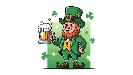 A cheerful leprechaun in a green suit and hat holds a frothy mug of beer, surrounded by shamrocks.