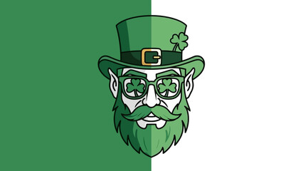 A detailed illustration of a leprechaun wearing a hat and glasses with shamrock designs.