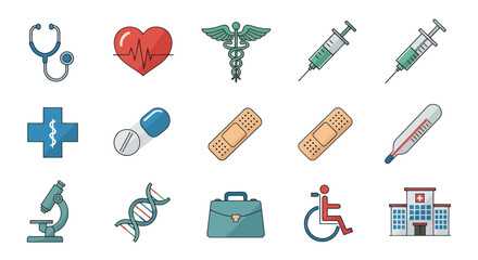 Colorful Medical Icons Representing Healthcare and Medicine Concepts.