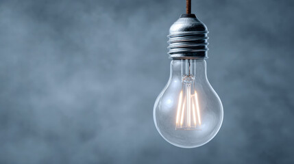 Single glowing light bulb hanging on dark blue background. powerful concept for an idea, inspiration, creativity, innovation, and finding brilliant solution