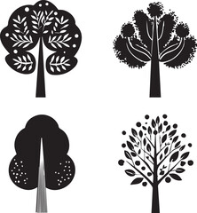 Four black Trees silhouettes set big highly vector tree set