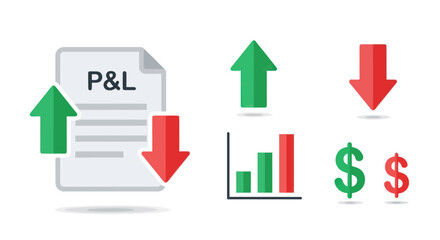 Profit and Loss Statement with Upward and Downward Arrows Bar Graph and Dollar Signs.
