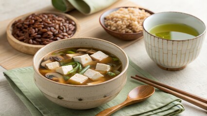 Tofu miso soup with green beans and mushrooms served with green tea and grains, healthy Japanese vegetarian meal, clean eating concept, balanced lunch idea, wellness food photography, cozy minimal