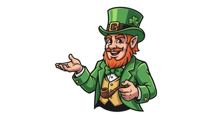 Cartoon leprechaun with red beard wearing green suit and hat.
