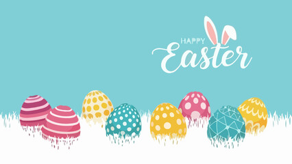 Vibrant banner for the Easter celebration featuring a row of decorated eggs with a dripping paint effect and cute bunny ears on a blue backdrop