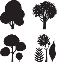 Four black Trees silhouettes set big highly vector tree set