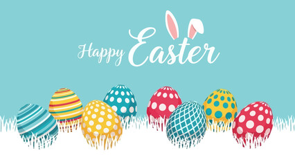 Festive Easter Eggs and Rabbit Ears on a Turquoise Background A Happy Holiday Celebration