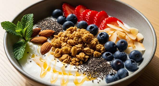 Healthy yogurt bowl topped with granola berries nuts and seeds - Powered by Adobe