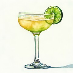 Watercolor illustration of a cocktail glass filled with a golden-yellow drink, ice cubes inside, and a fresh lime wheel garnish on the rim, with soft shadows