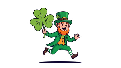 A cartoon leprechaun in a green suit and hat, holding a large shamrock, running with a joyful expression.