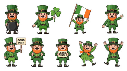 Collection of cartoon leprechauns in green outfits, celebrating St. Patrick's Day.