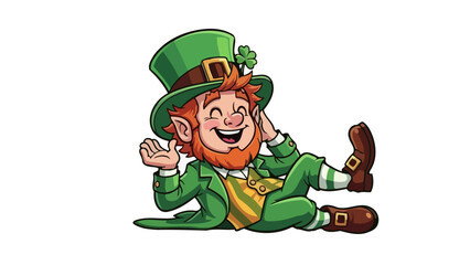 A cheerful leprechaun in a green hat and suit, lying down and laughing.