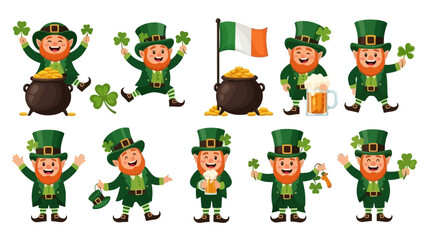 St. Patrick's Day leprechauns with shamrocks, gold pot, and Irish flag.