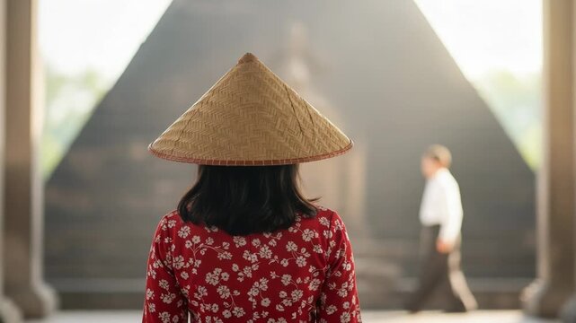 Woman wearing traditional conical hat seen from behind walking towards a large ancient temple structure with soft sunlight