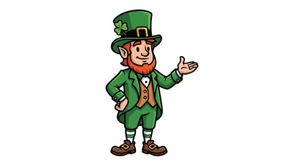 A cartoon illustration of a leprechaun, wearing a green suit and hat, gesturing with his hand.