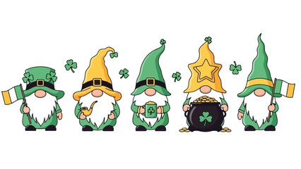 Five St. Patrick's Day gnomes with shamrocks, gold, and Irish flags.