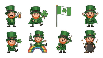 A collection of eight cartoon leprechauns in various poses, celebrating St. Patrick's Day with shamrocks, a rainbow, and a pot of gold.