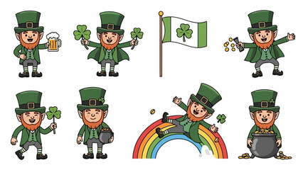 Cute cartoon leprechaun characters set for St. Patrick's Day celebration with shamrocks, gold, beer, and rainbow.