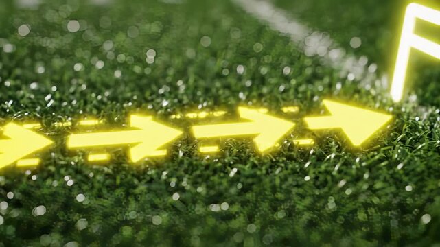 Arrows Glow Forming Path to Field Goal on Green Grass Field