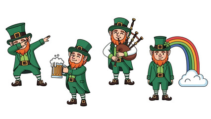 Four cartoon leprechauns in green outfits, one dabbing, others with beer, bagpipes, and a rainbow.