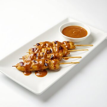 Delicious Chicken Satay Skewers Drizzled with Creamy Peanut Sauce on a White Plate