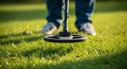 Person using a metal detector to search for treasure in a grassy field