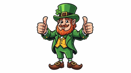A cartoon leprechaun in a green suit and hat gives two thumbs up.