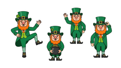 Four cartoon leprechauns in green outfits, each with a different pose, celebrating St. Patrick's Day.