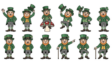 A collection of cartoon leprechauns in various poses, wearing green outfits and hats, celebrating.