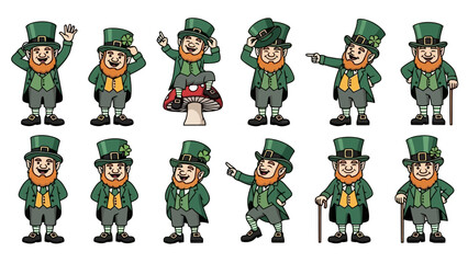 A collection of cartoon leprechauns in various poses, dressed in traditional green attire with top hats.