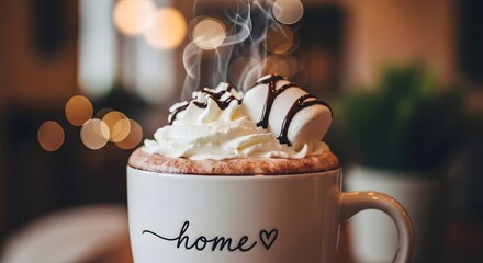 Cozy hot chocolate with whipped cream and marshmallows