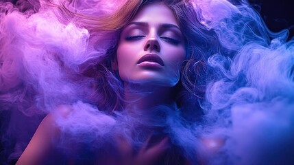 Close-up of a serene woman with closed eyes surrounded by purple and blue smoke creating a dreamy and mystical atmosphere