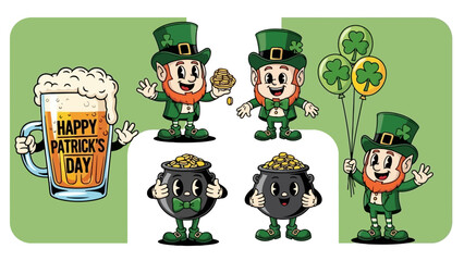 Cheerful cartoon set for a vibrant St. Patrick's Day celebration, featuring lucky leprechauns, golden pots, celebratory beer, and festive shamrock balloons, perfect for adding holiday spirit