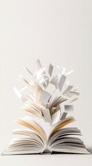 Open Book with Pages Flying Upwards on White Background