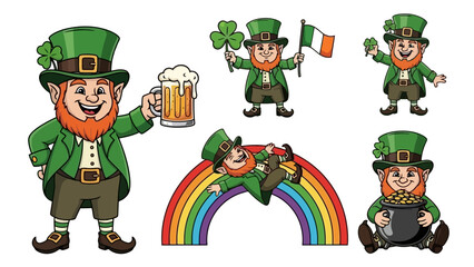 A vibrant collection of whimsical leprechaun characters embodying the joyful spirit of an Irish-themed celebration, complete with festive symbols and iconic imagery