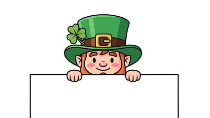 Cute cartoon leprechaun character for St. Patrick's Day peeking over a blank white banner with copy space