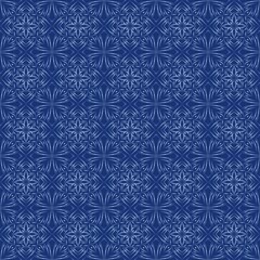 This image displays a seamless pattern in the traditional Japanese Sashiko style. The design features intricate, geometric shapes resembling interconnected flowers.