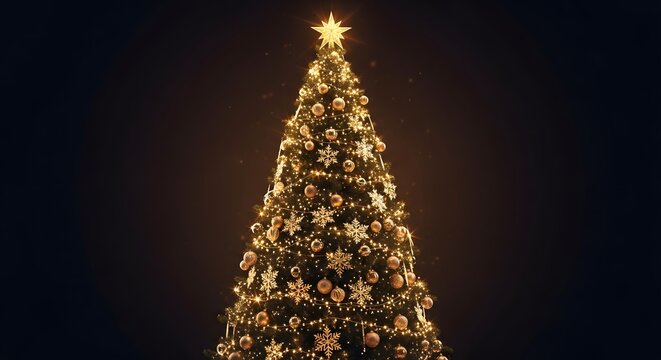 Illuminated christmas tree with star topper at night