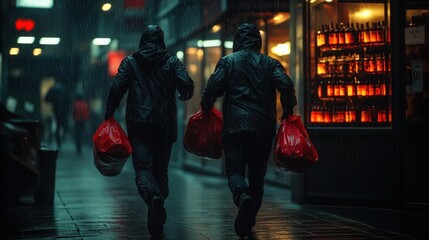 Two people wearing black rain jackets with hoods walking on a wet city street at night carrying red plastic bags in the rain with illuminated bottles visible through a window